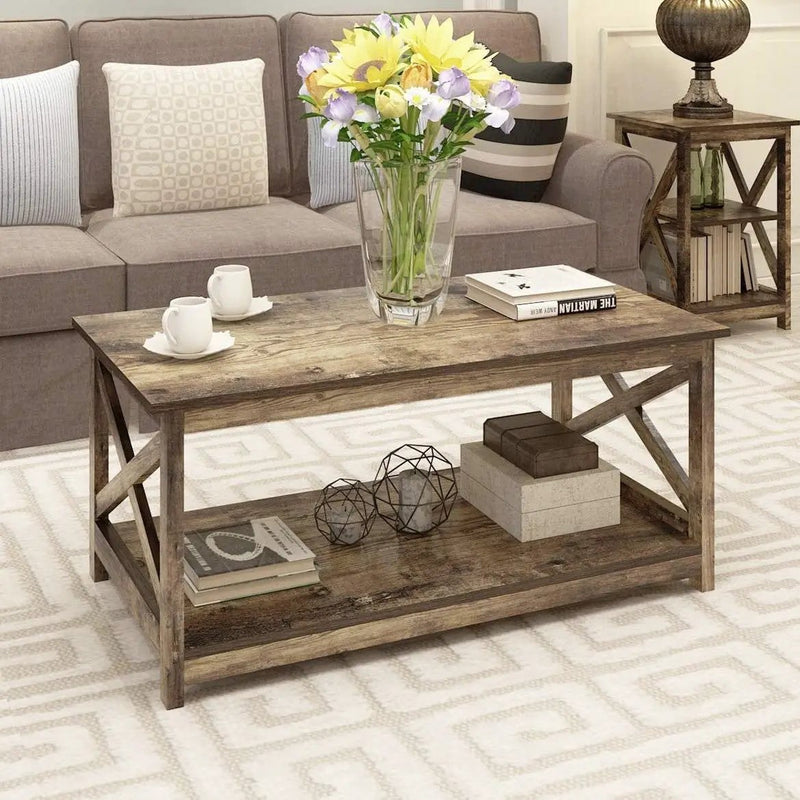 Contemporary 2-Tier Farmhouse Coffee Table in Rustic Wood Finish by HomePacific