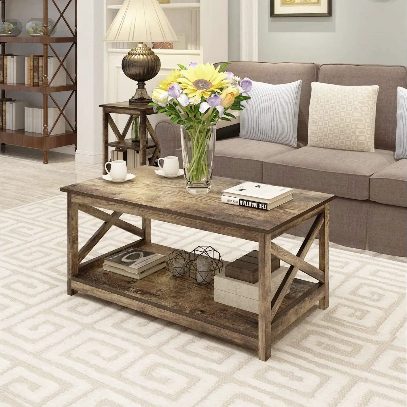 Contemporary 2-Tier Farmhouse Coffee Table in Rustic Wood Finish by HomePacific