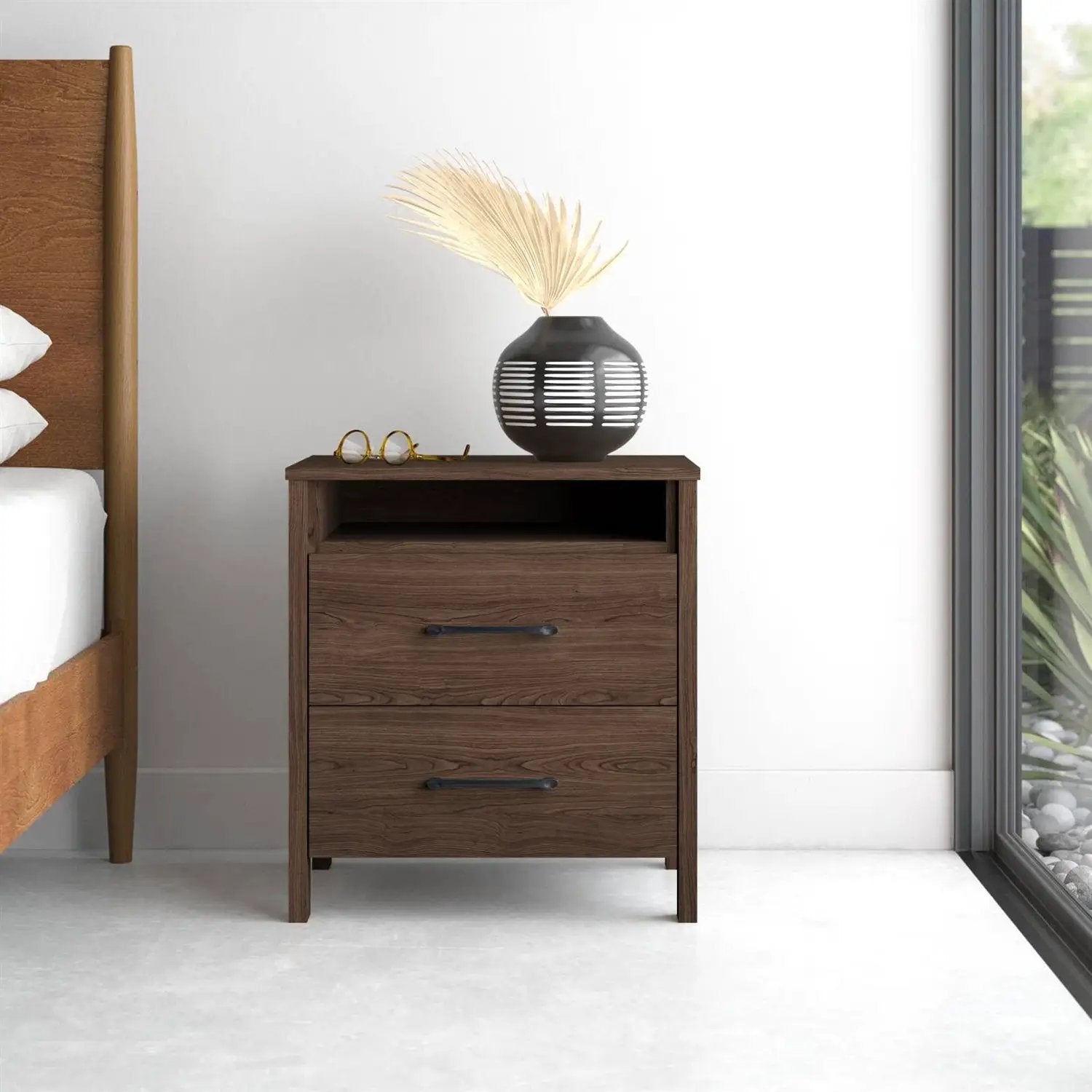 Modern 2-Drawer Nightstand Bedside Table in Brown Walnut Wood Finish by HomePacific