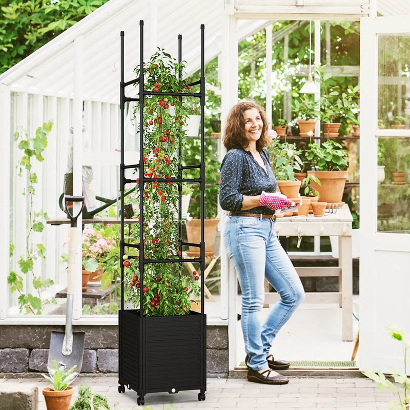 Raised Garden Bed with Obelisk Trellis and 3 Heights & Detachable PE-Coated Metal Tubes-Black by DirectDeals