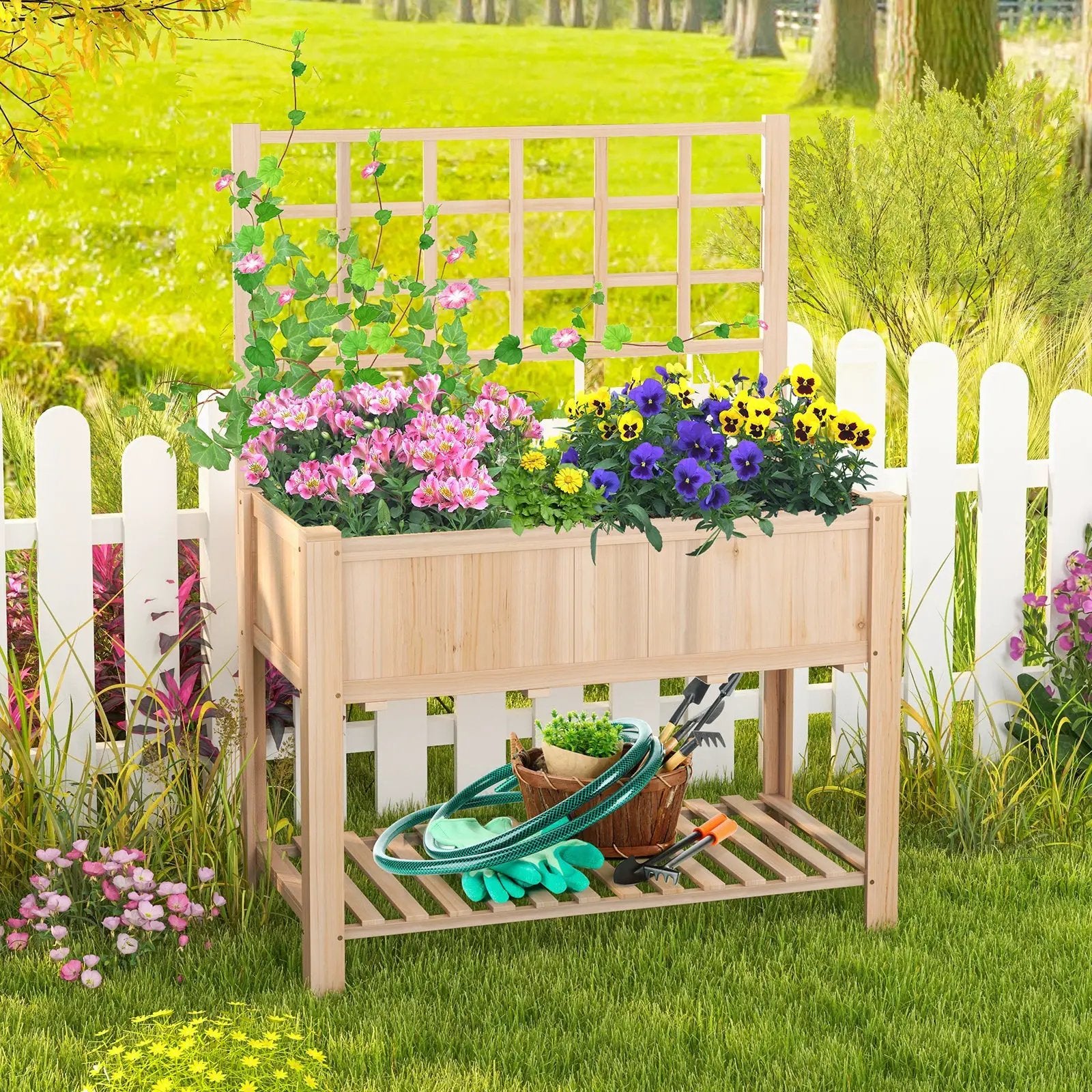 Raised Garden Bed Elevated Wooden Planter Box with Trellis by DirectDeals
