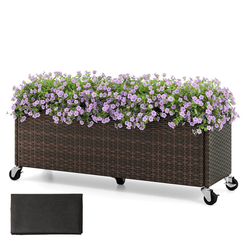 Raised Garden Bed PE Rattan Wicker Patio Planter Box with Wheels and Liner by DirectDeals