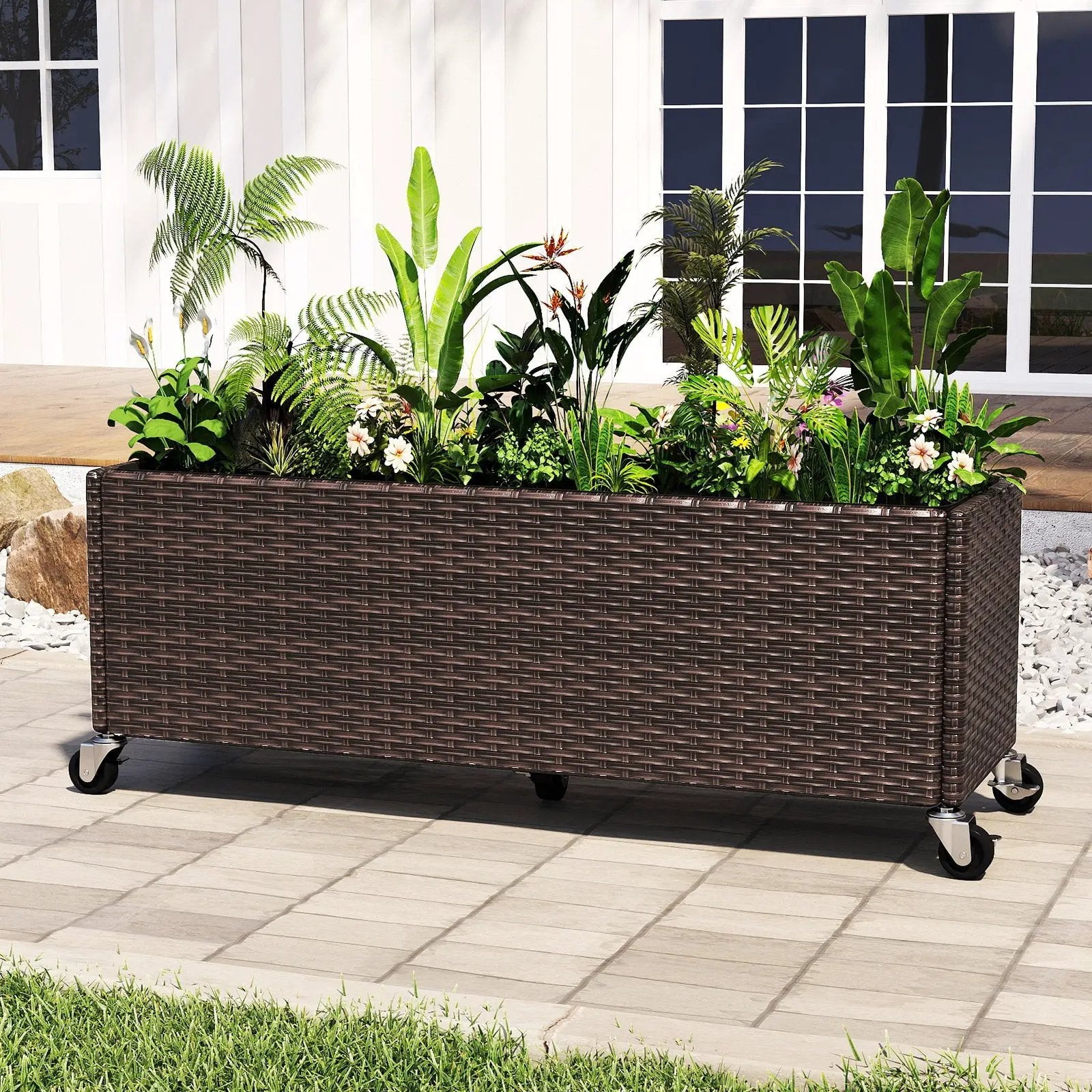Raised Garden Bed PE Rattan Wicker Patio Planter Box with Wheels and Liner by DirectDeals