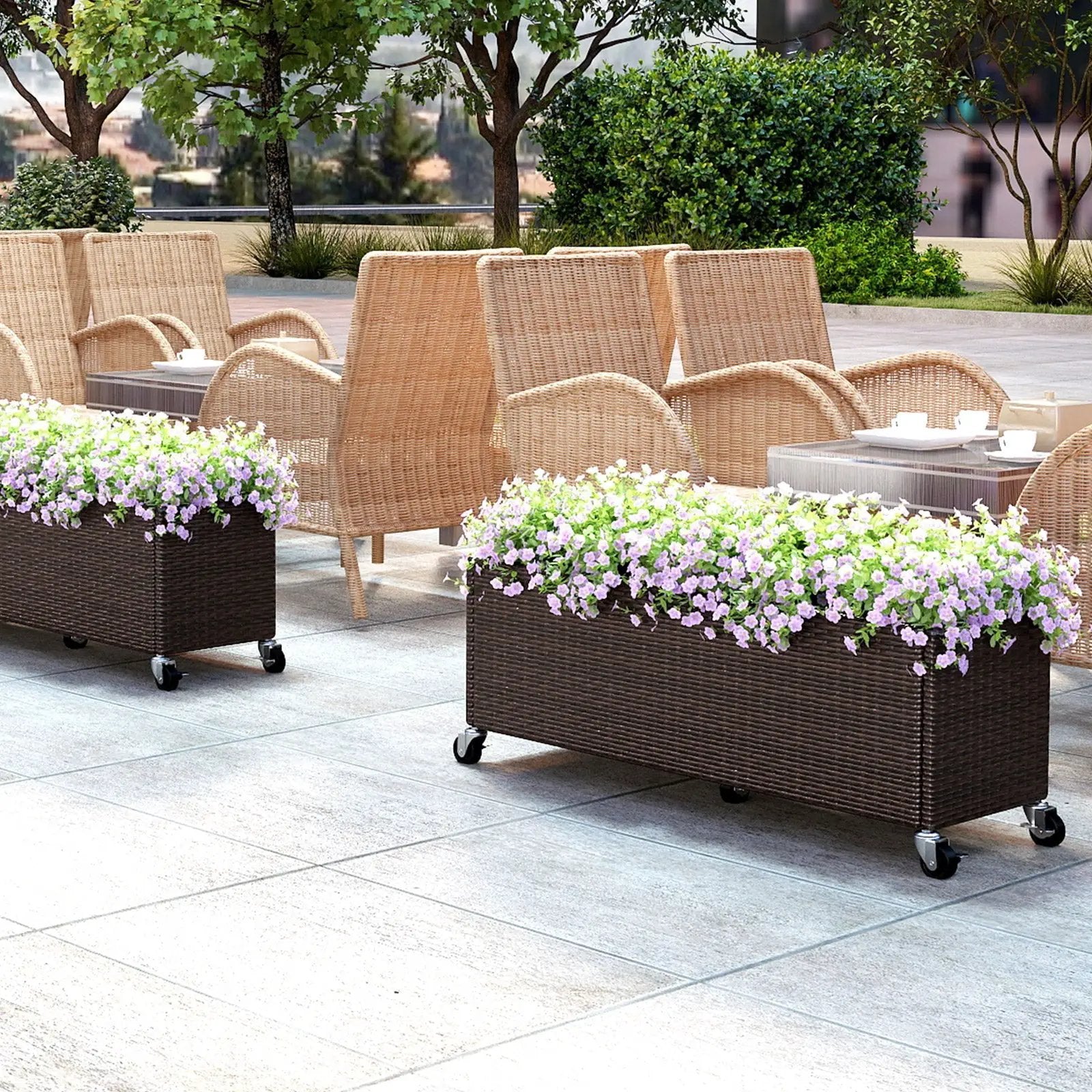Raised Garden Bed PE Rattan Wicker Patio Planter Box with Wheels and Liner by DirectDeals