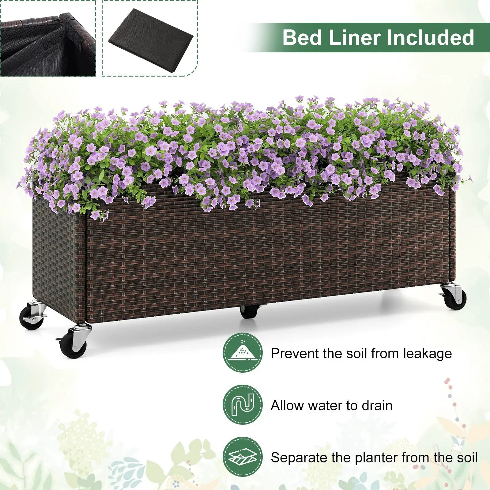 Raised Garden Bed PE Rattan Wicker Patio Planter Box with Wheels and Liner by DirectDeals