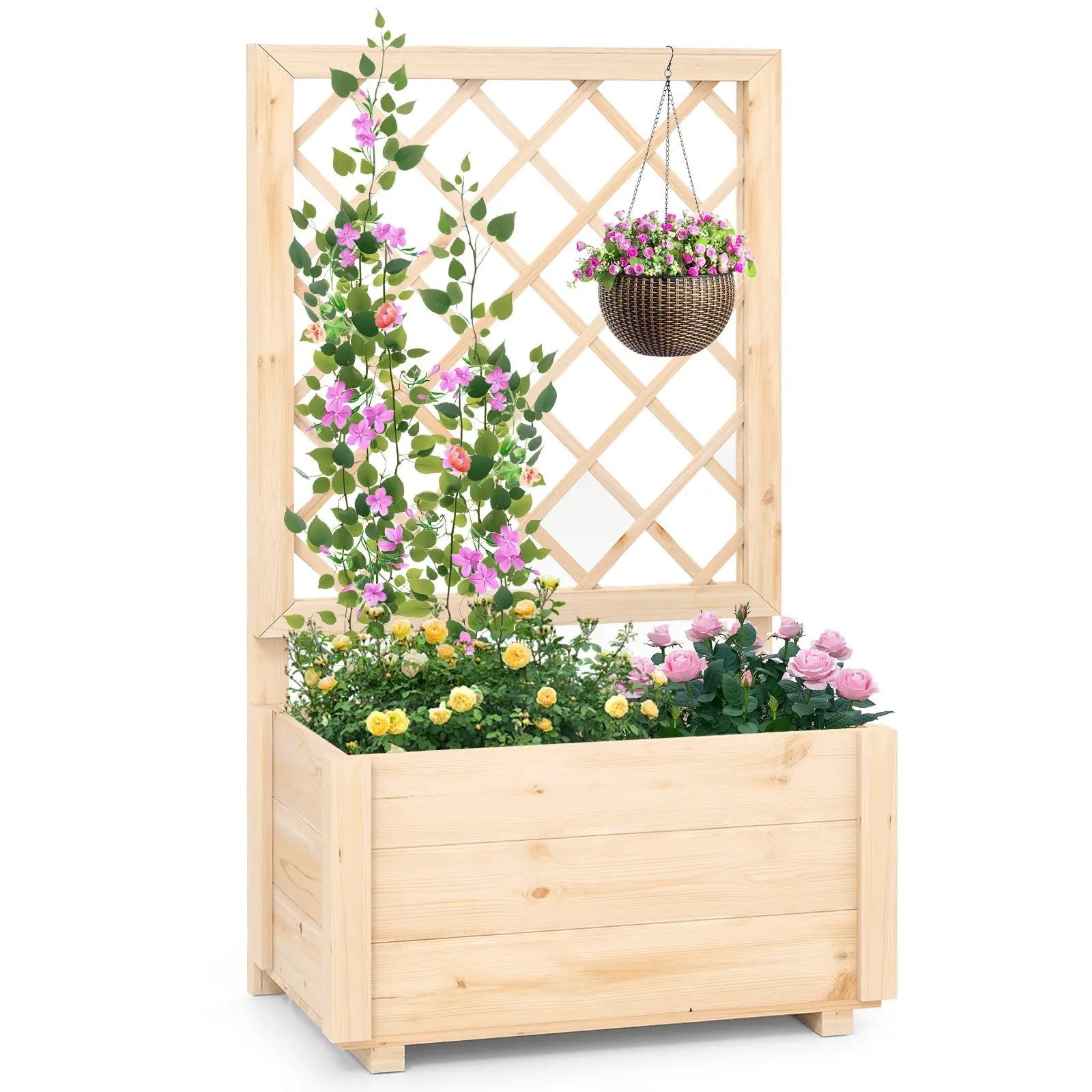 Raised Garden Bed Wooden Elevated Planter Box with Lattice Trellis-S by DirectDeals