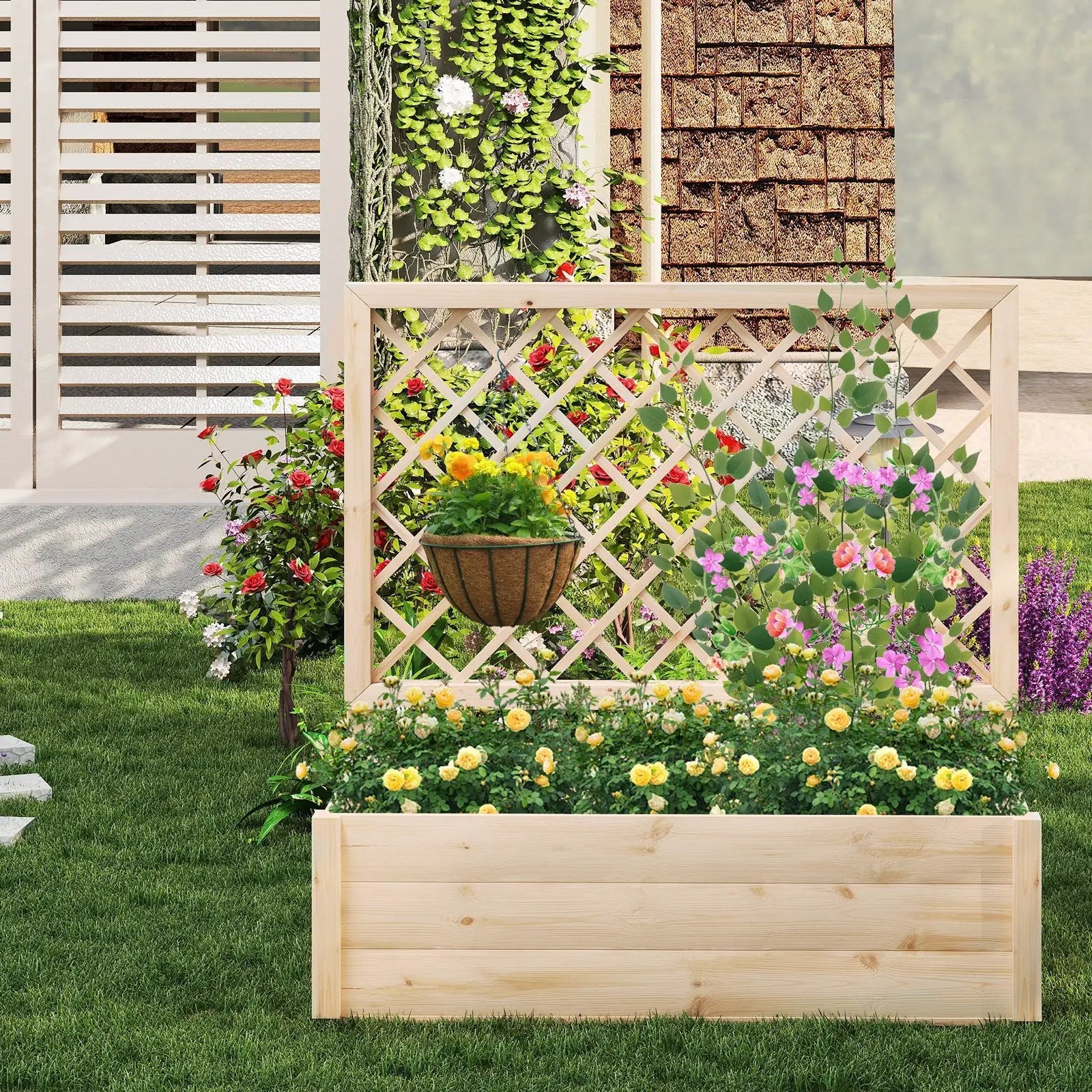 Raised Garden Bed Wooden Elevated Planter Box with Lattice Trellis-L by DirectDeals