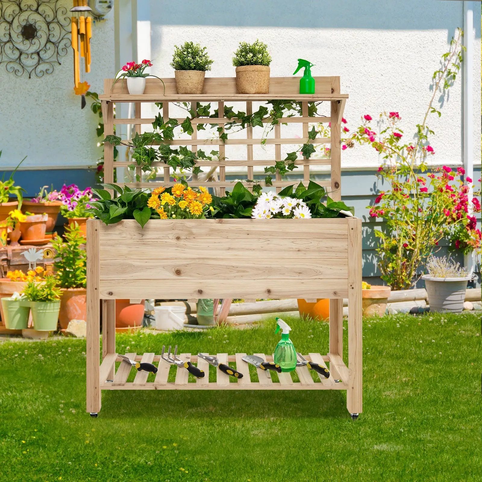 Wooden Raised Garden Bed with Wheels Trellis and Storage Shelf by DirectDeals