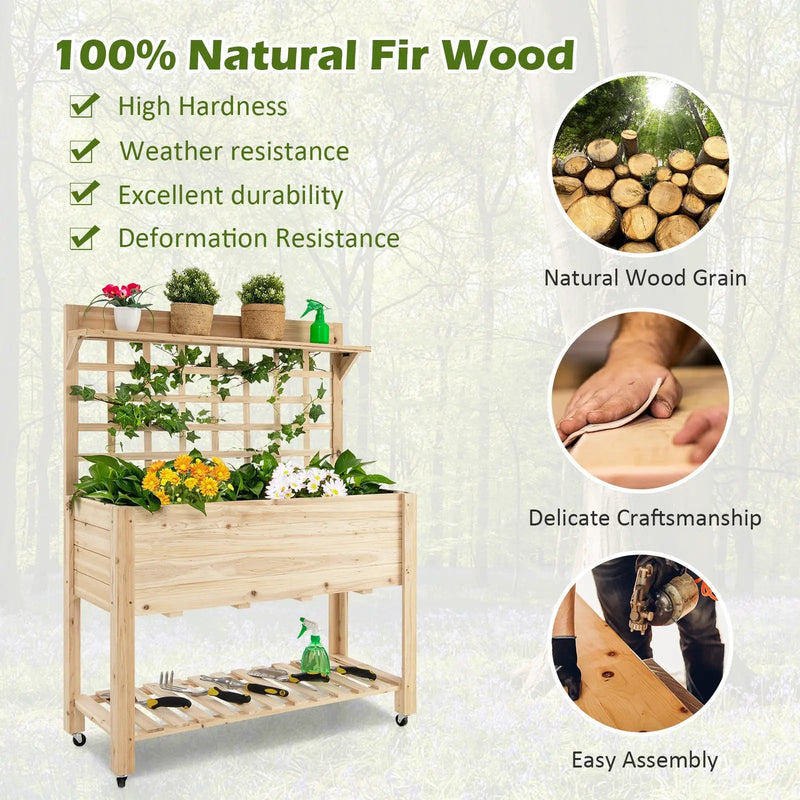 Wooden Raised Garden Bed with Wheels Trellis and Storage Shelf by DirectDeals