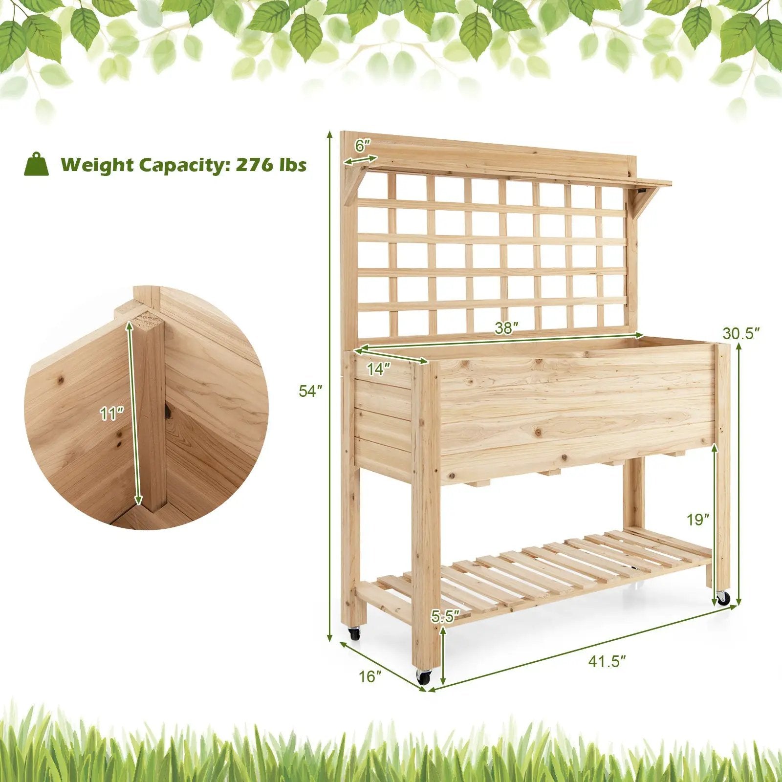 Wooden Raised Garden Bed with Wheels Trellis and Storage Shelf by DirectDeals