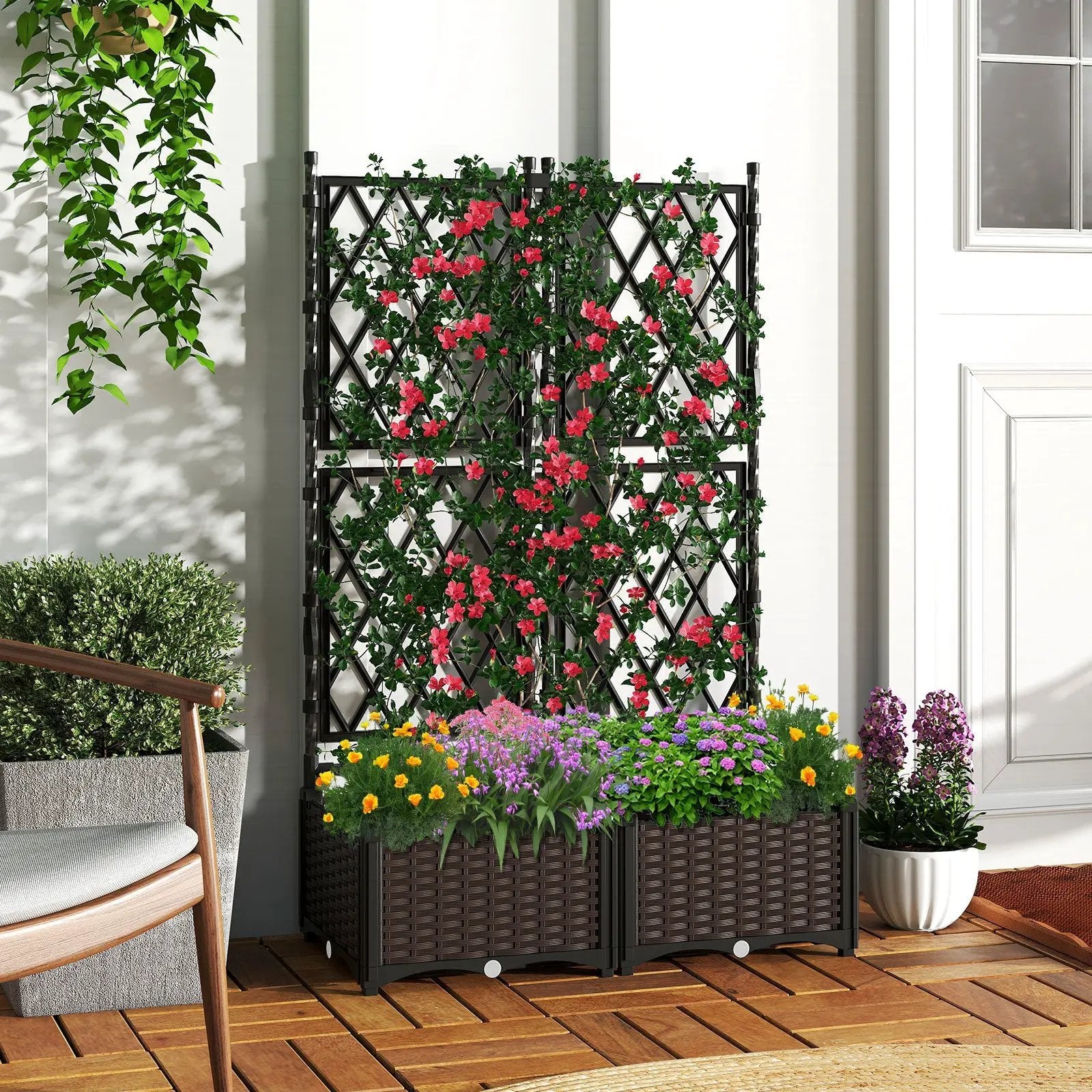 Raised Garden Bed with Lattice Trellis Drainage Self-Watering Elevated Vertical Planter Boxes-Black by DirectDeals