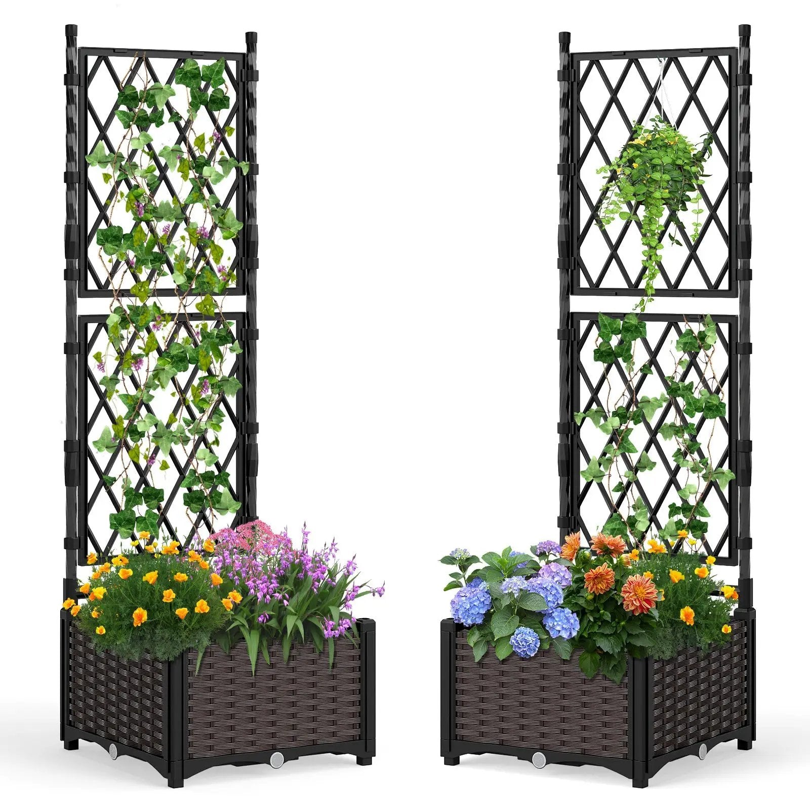 Raised Garden Bed with Lattice Trellis Drainage Self-Watering Elevated Vertical Planter Boxes-Black by DirectDeals