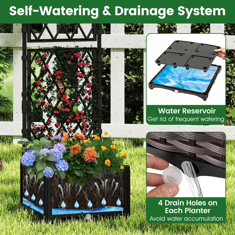 Raised Garden Bed with Lattice Trellis Drainage Self-Watering Elevated Vertical Planter Boxes-Black by DirectDeals