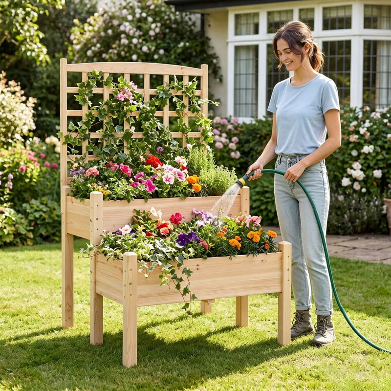 2-Tier Raised Garden Bed with Trellis for Climbing Plants by DirectDeals