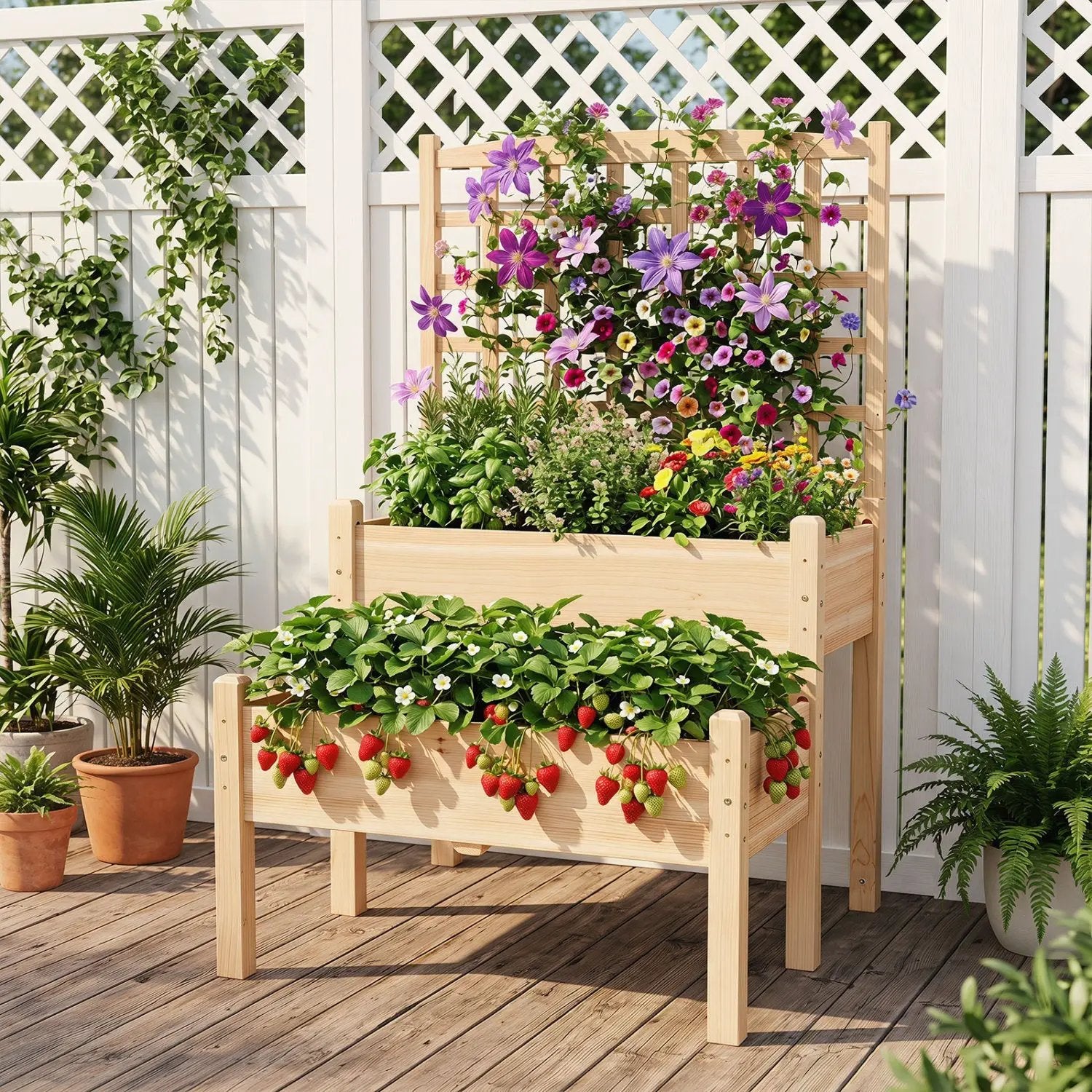 2-Tier Raised Garden Bed with Trellis for Climbing Plants by DirectDeals