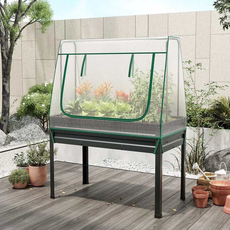 3-in-1 Raised Garden Bed with Greenhouse Cover and Trellis-Grey by DirectDeals