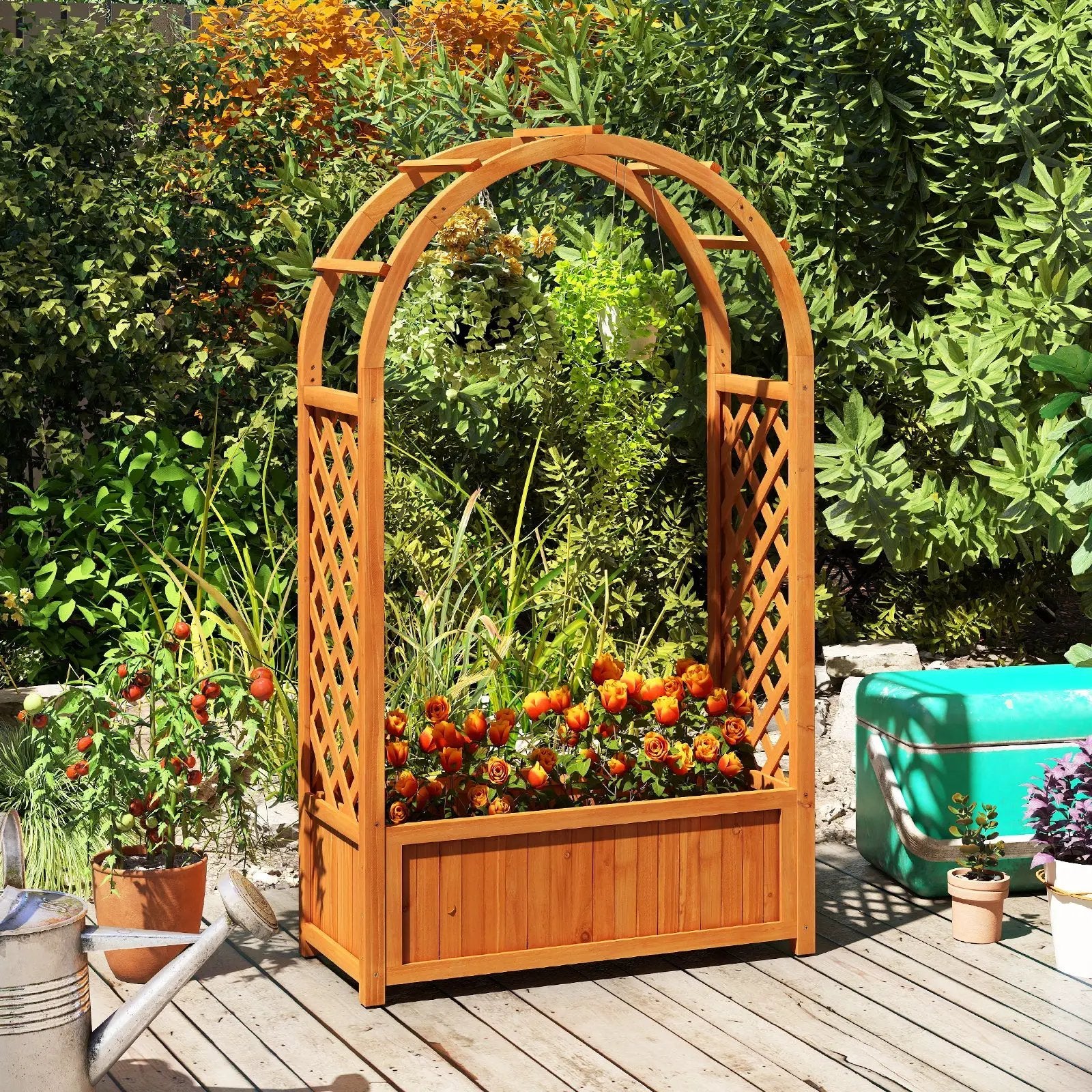 Raised Garden Bed with Lattice Trellis Ached Roof Wooden Elevated Planter Box-Brown by DirectDeals