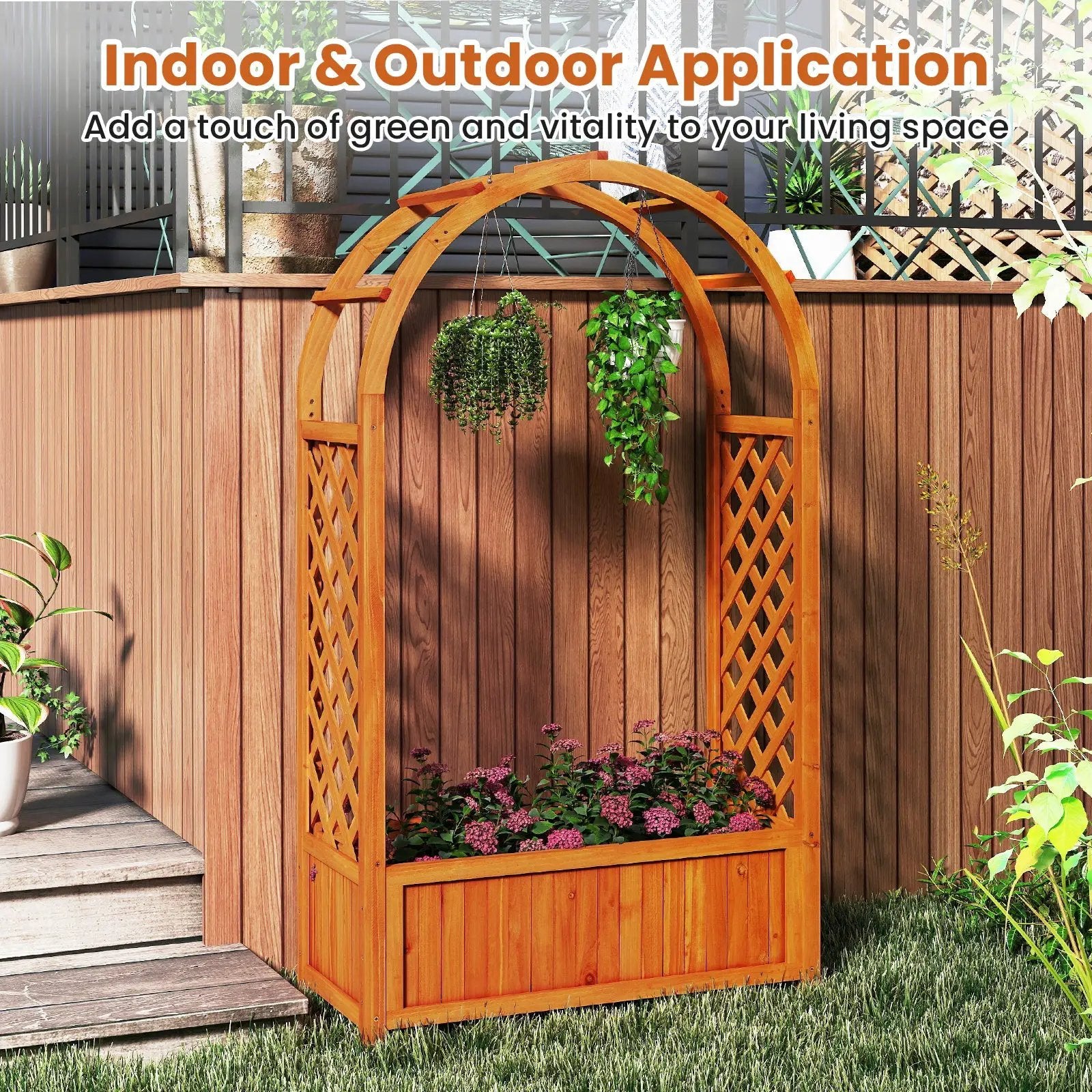 Raised Garden Bed with Lattice Trellis Ached Roof Wooden Elevated Planter Box-Brown by DirectDeals