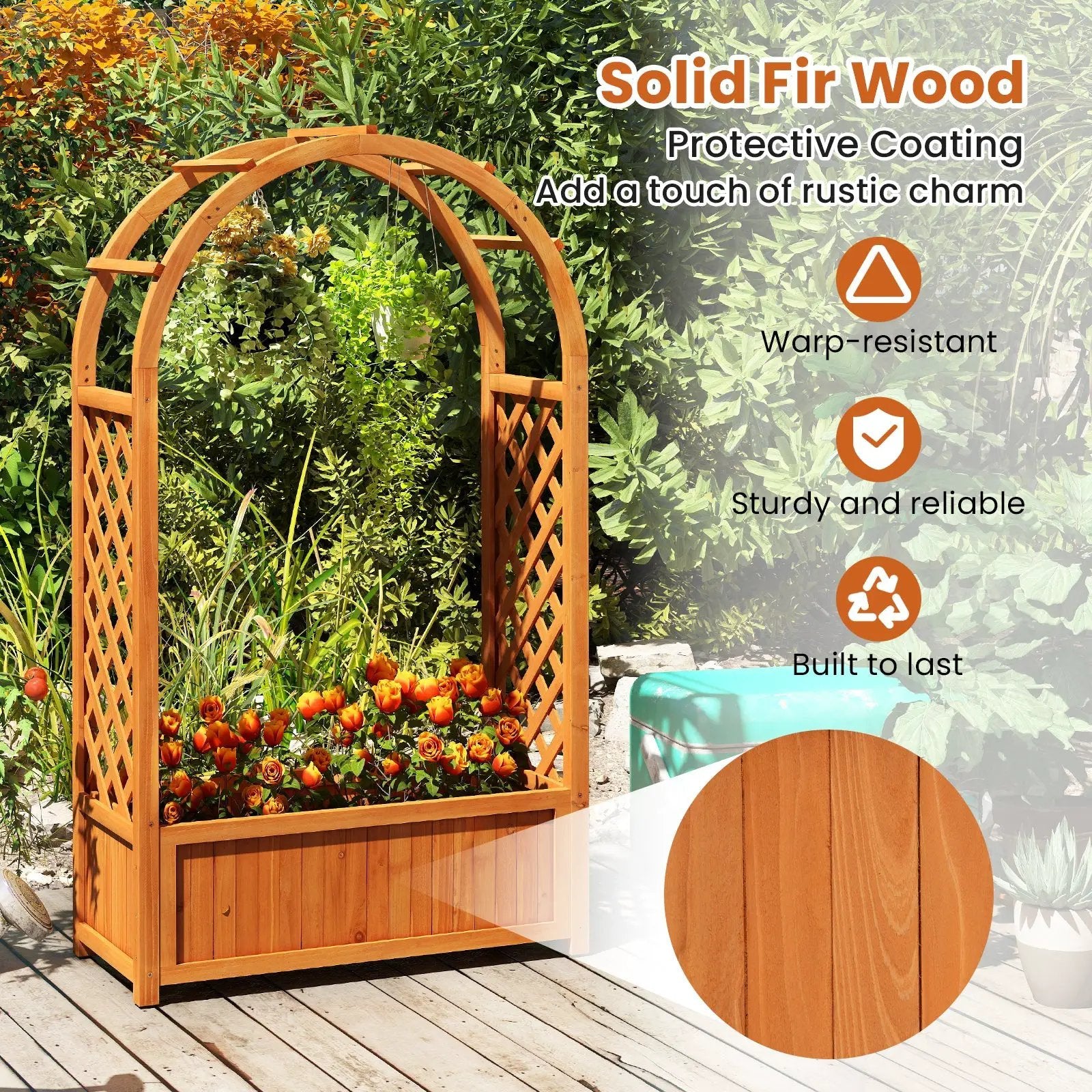 Raised Garden Bed with Lattice Trellis Ached Roof Wooden Elevated Planter Box-Brown by DirectDeals