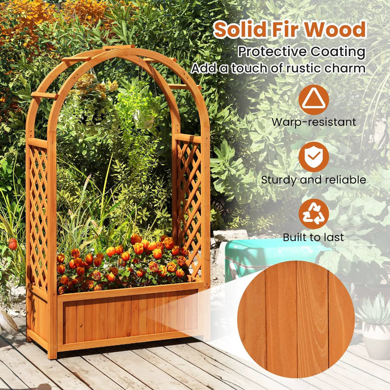 Raised Garden Bed with Lattice Trellis Ached Roof Wooden Elevated Planter Box-Brown by DirectDeals