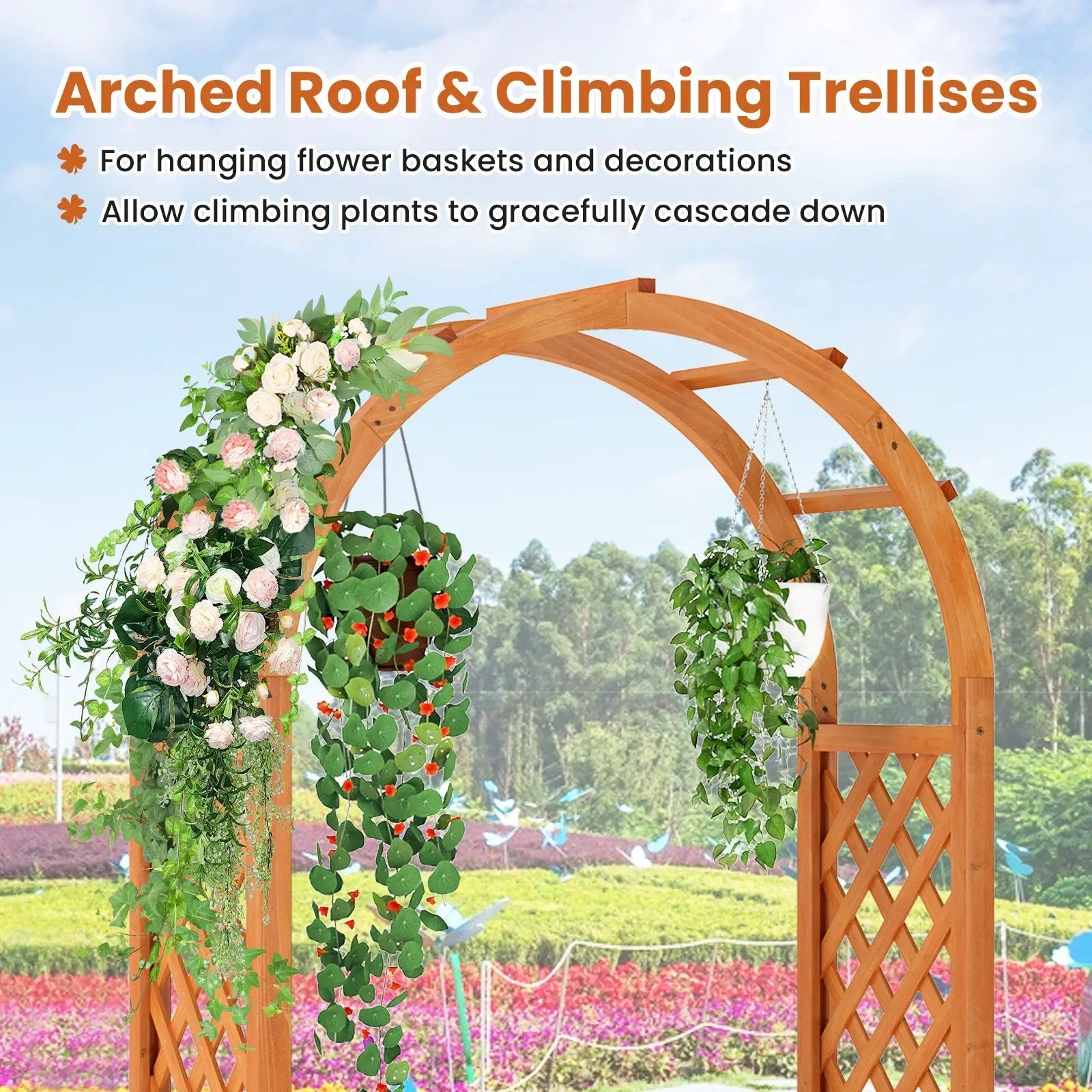 Raised Garden Bed with Lattice Trellis Ached Roof Wooden Elevated Planter Box-Brown by DirectDeals