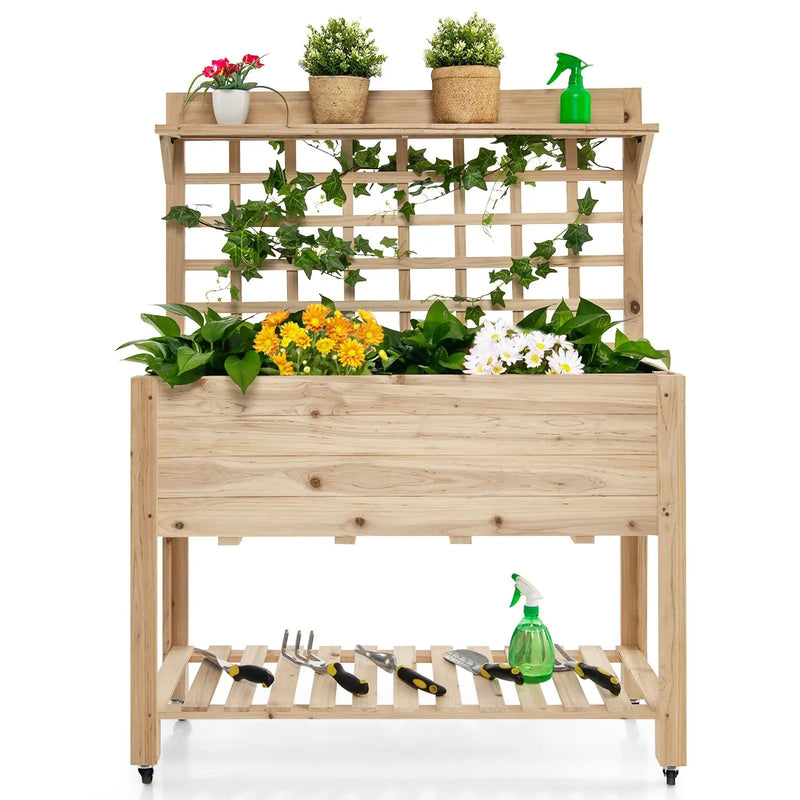 Wooden Raised Garden Bed with Wheels Trellis and Storage Shelf by DirectDeals