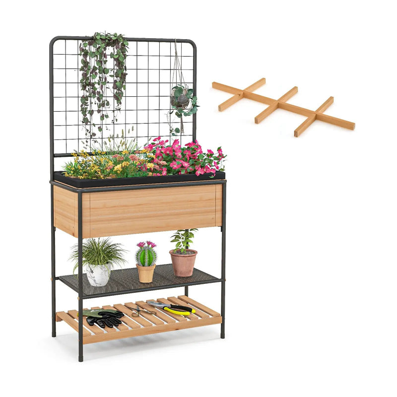 Raised Garden Bed with Trellis 2-tier Storage Shelves-Natural by DirectDeals
