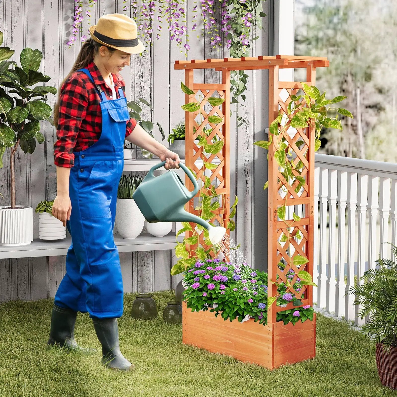 Raised Garden Bed with Side Trellis and Hanging Roof and Drainage Hole-Orange by DirectDeals