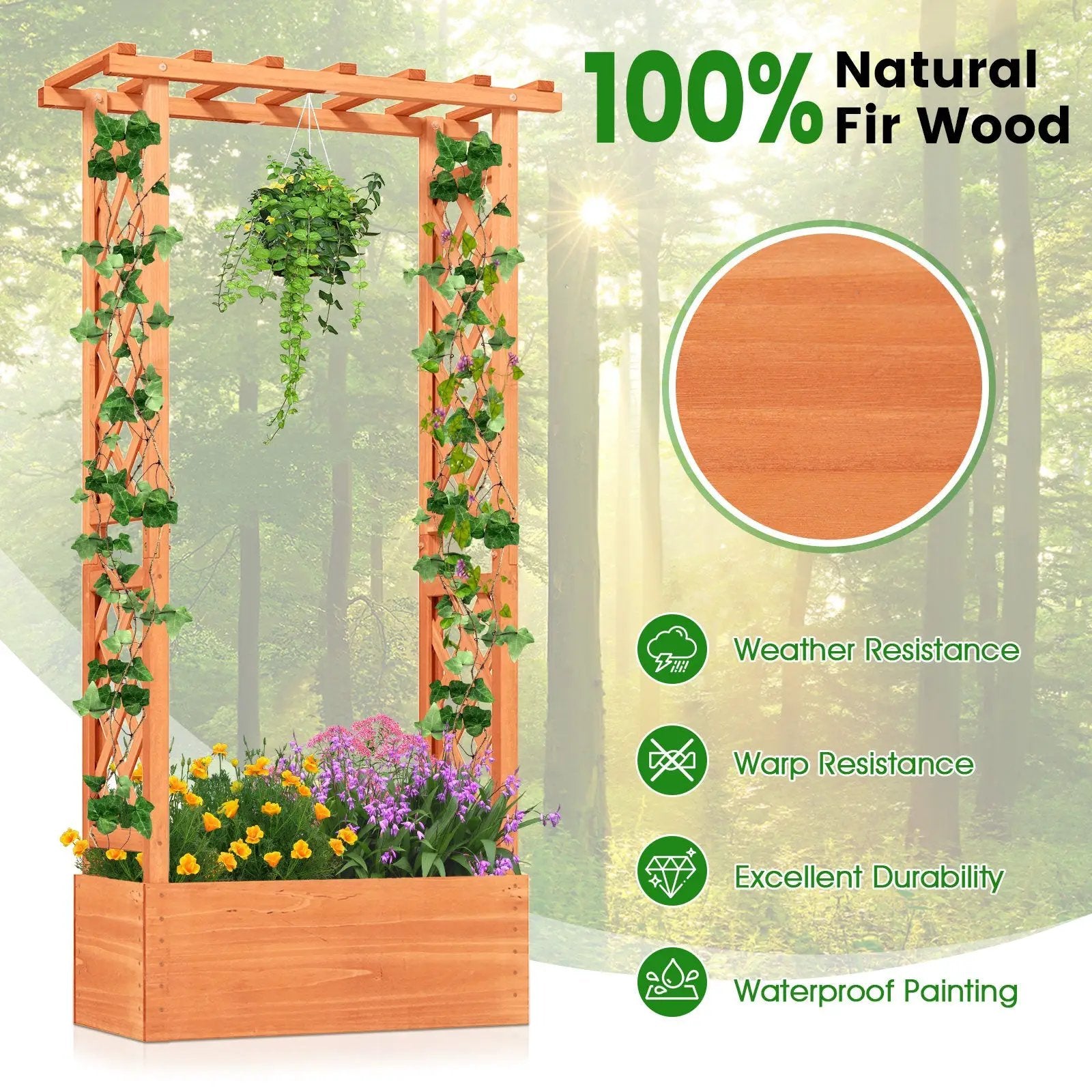 Raised Garden Bed with Side Trellis and Hanging Roof and Drainage Hole-Orange by DirectDeals