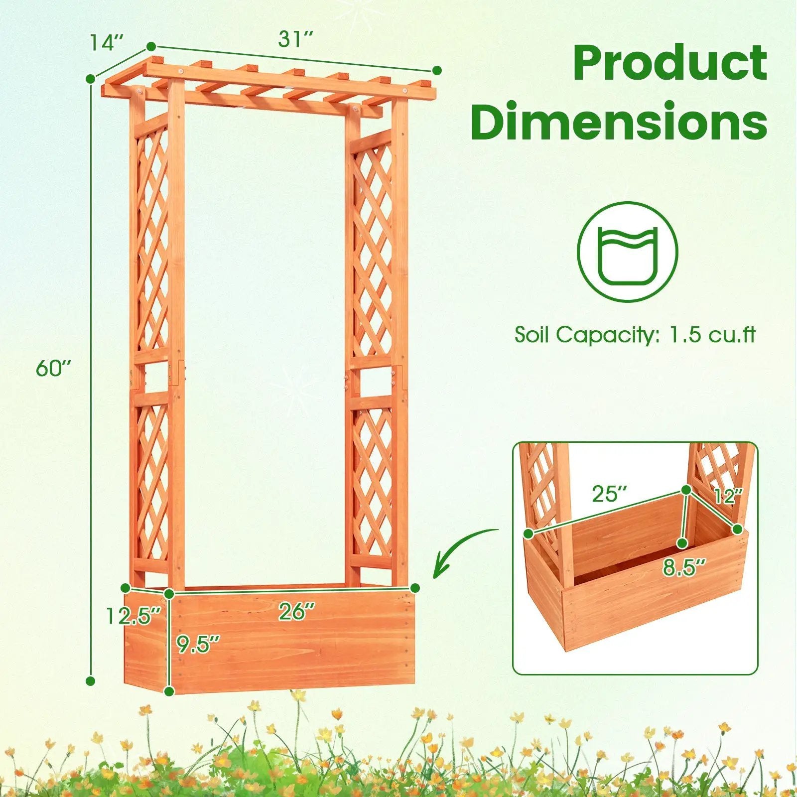 Raised Garden Bed with Side Trellis and Hanging Roof and Drainage Hole-Orange by DirectDeals