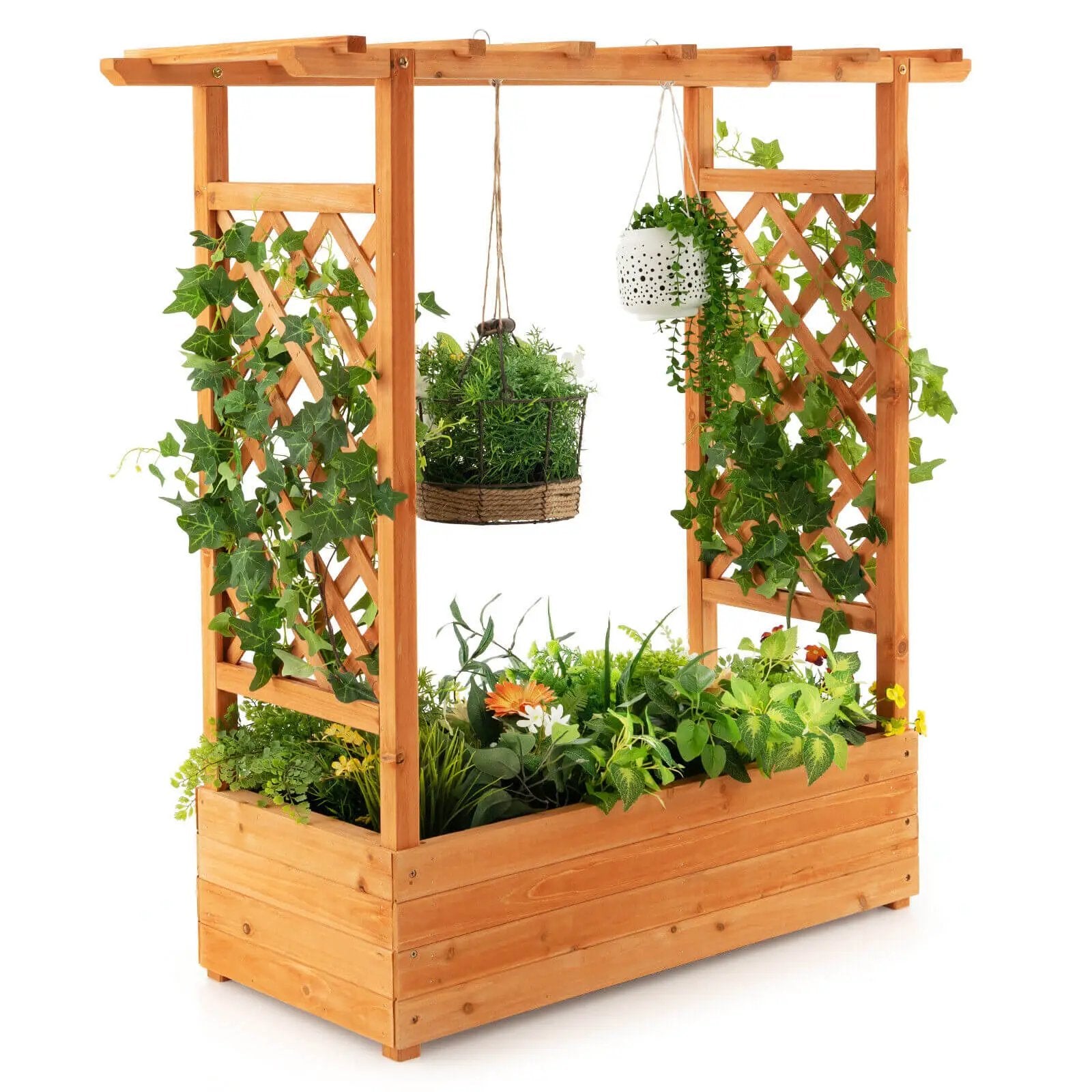 Raised Garden Bed with Trellis or Climbing Plant and Pot Hanging-Natural by DirectDeals