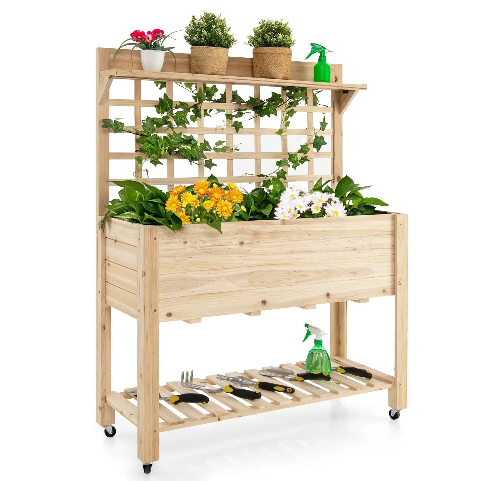 Wooden Raised Garden Bed with Wheels Trellis and Storage Shelf by DirectDeals