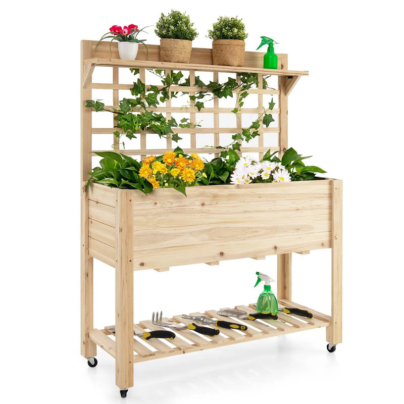 Wooden Raised Garden Bed with Wheels Trellis and Storage Shelf by DirectDeals