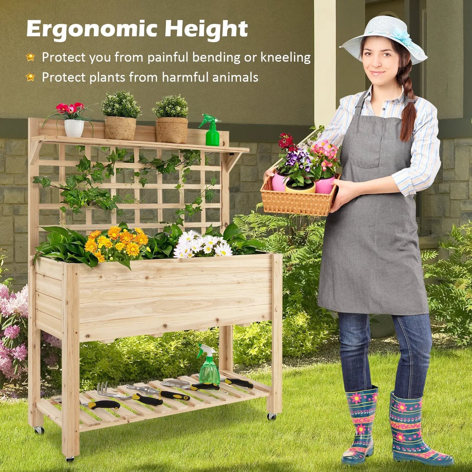 Wooden Raised Garden Bed with Wheels Trellis and Storage Shelf by DirectDeals