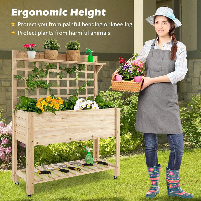 Wooden Raised Garden Bed with Wheels Trellis and Storage Shelf by DirectDeals