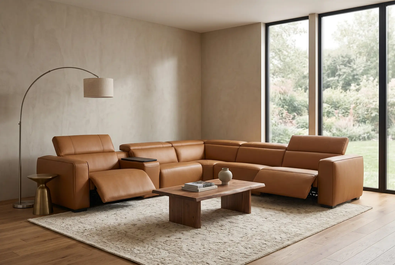Rally Pro Caramel 6-Piece Power Reclining Sectional with Console and Immersive Sound System by Ornate Furniture