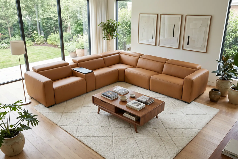 Rally Pro Caramel 6-Piece Power Reclining Sectional with Console and Immersive Sound System by Ornate Furniture