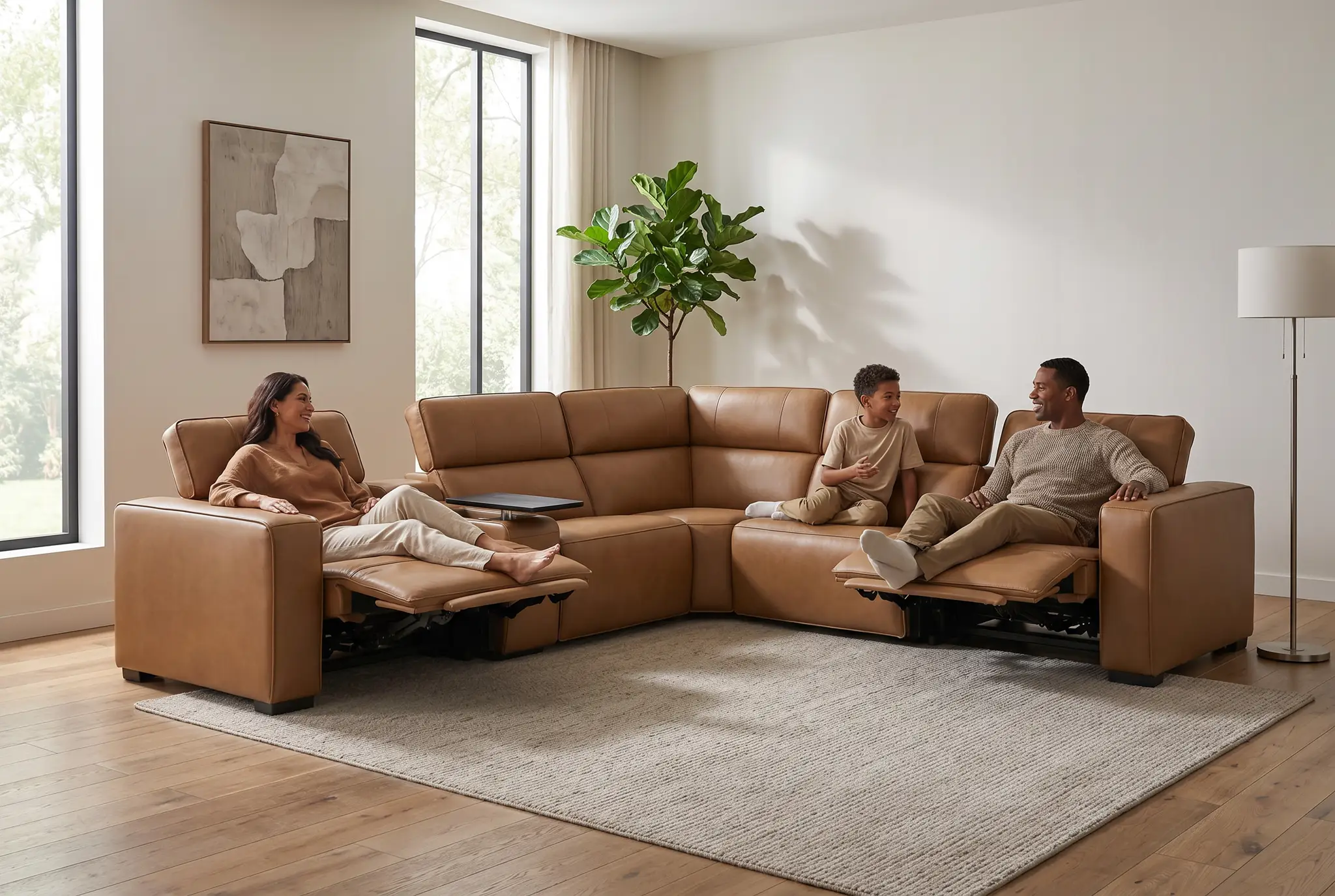 Rally Pro Caramel 6-Piece Power Reclining Sectional with Console and Immersive Sound System by Ornate Furniture