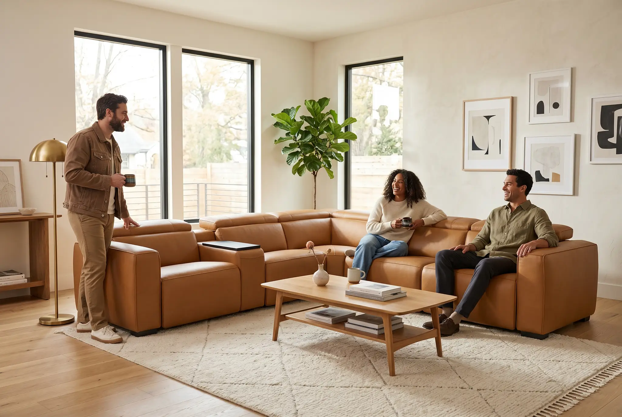 Rally Pro Caramel 6-Piece Power Reclining Sectional with Console and Immersive Sound System by Ornate Furniture