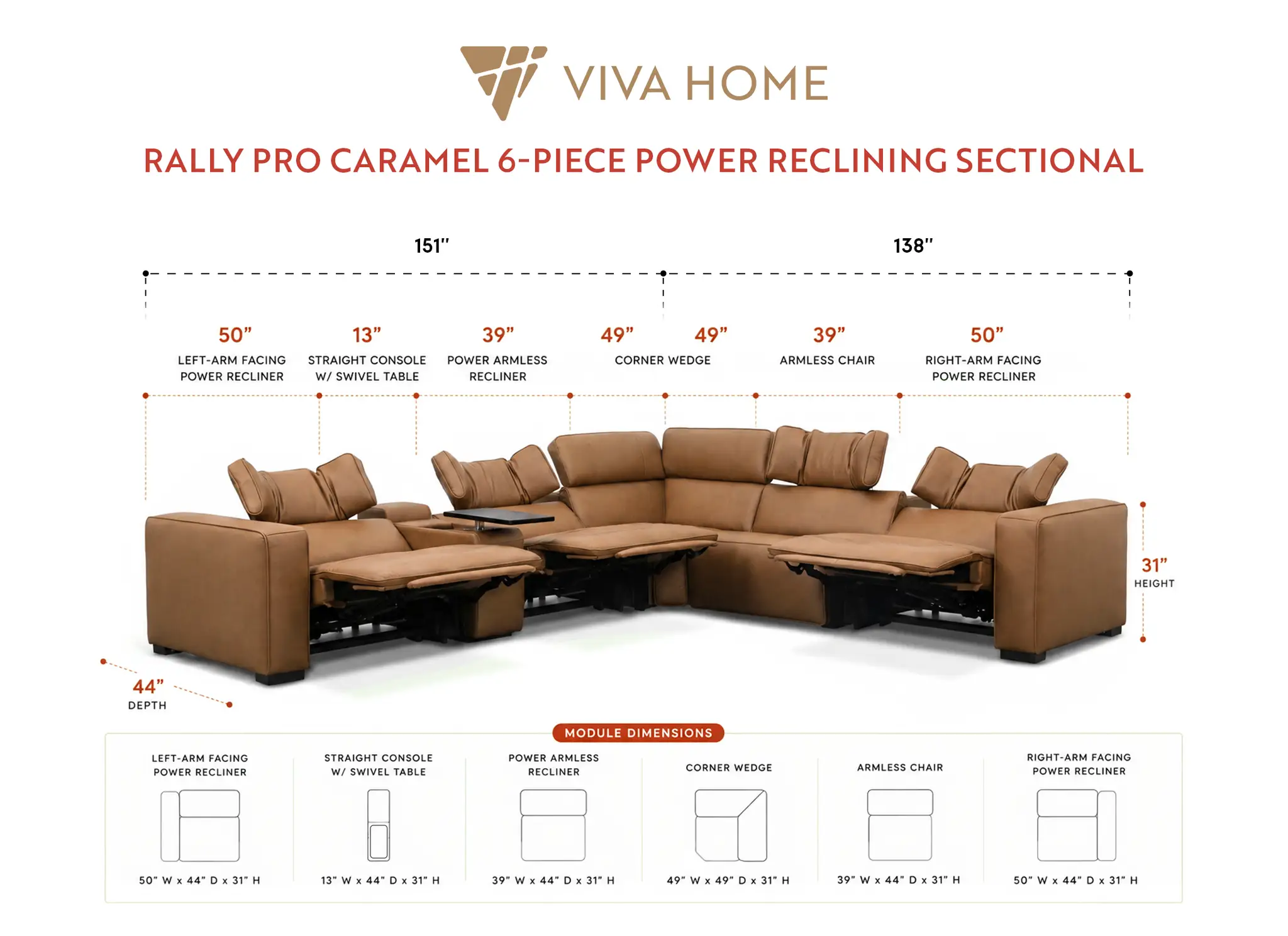 Rally Pro Caramel 6-Piece Power Reclining Sectional with Console and Immersive Sound System by Ornate Furniture