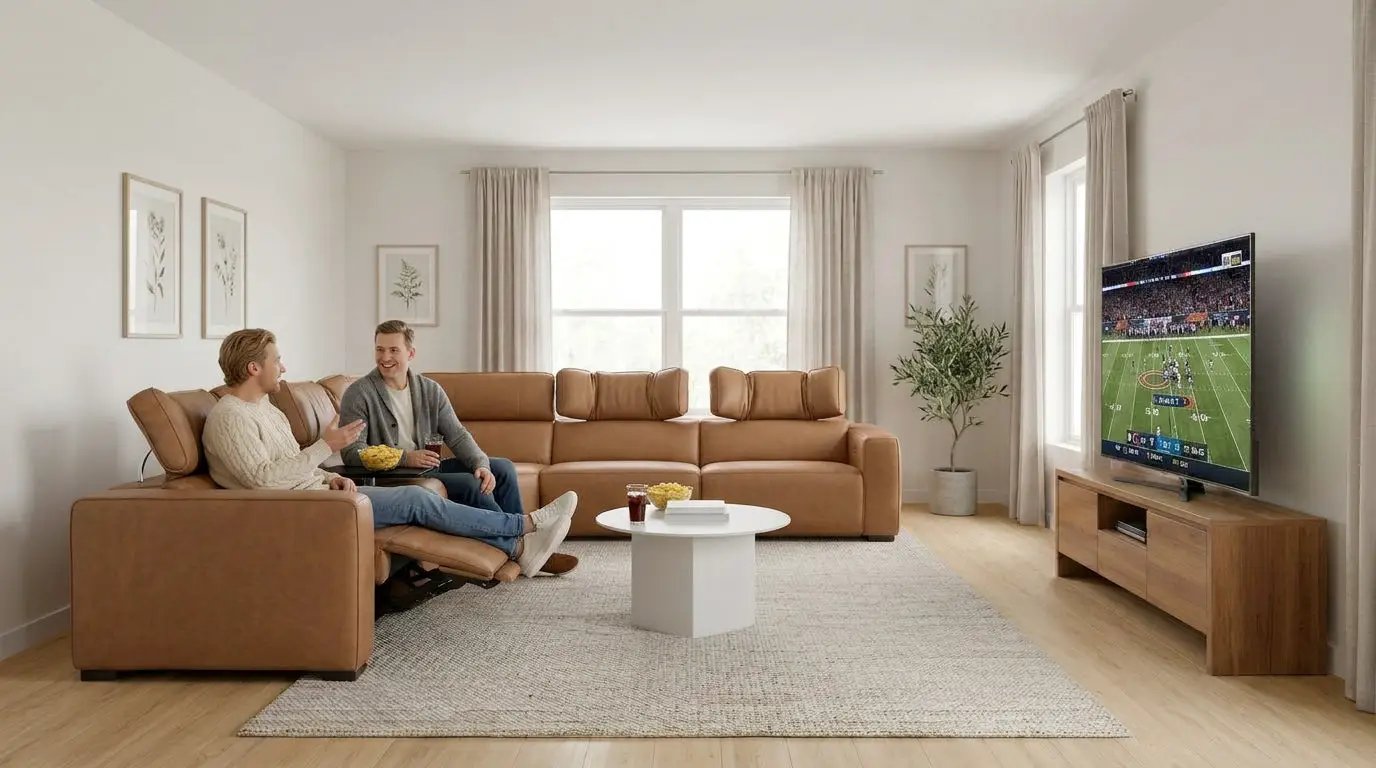 Rally Pro Caramel 6-Piece Power Reclining Sectional with Console and Immersive Sound System by Ornate Furniture