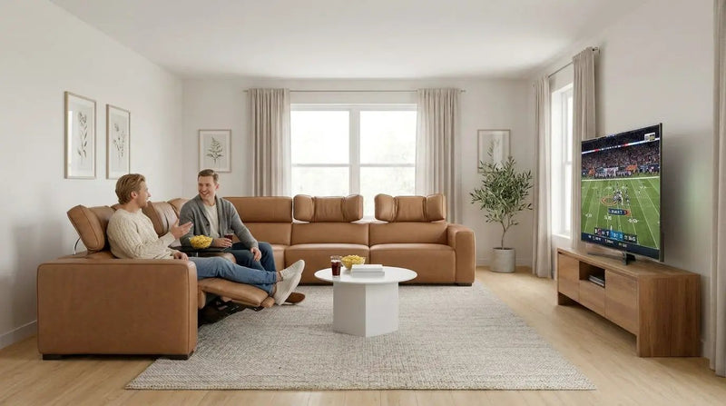 Rally Pro Caramel 6-Piece Power Reclining Sectional with Console and Immersive Sound System by Ornate Furniture