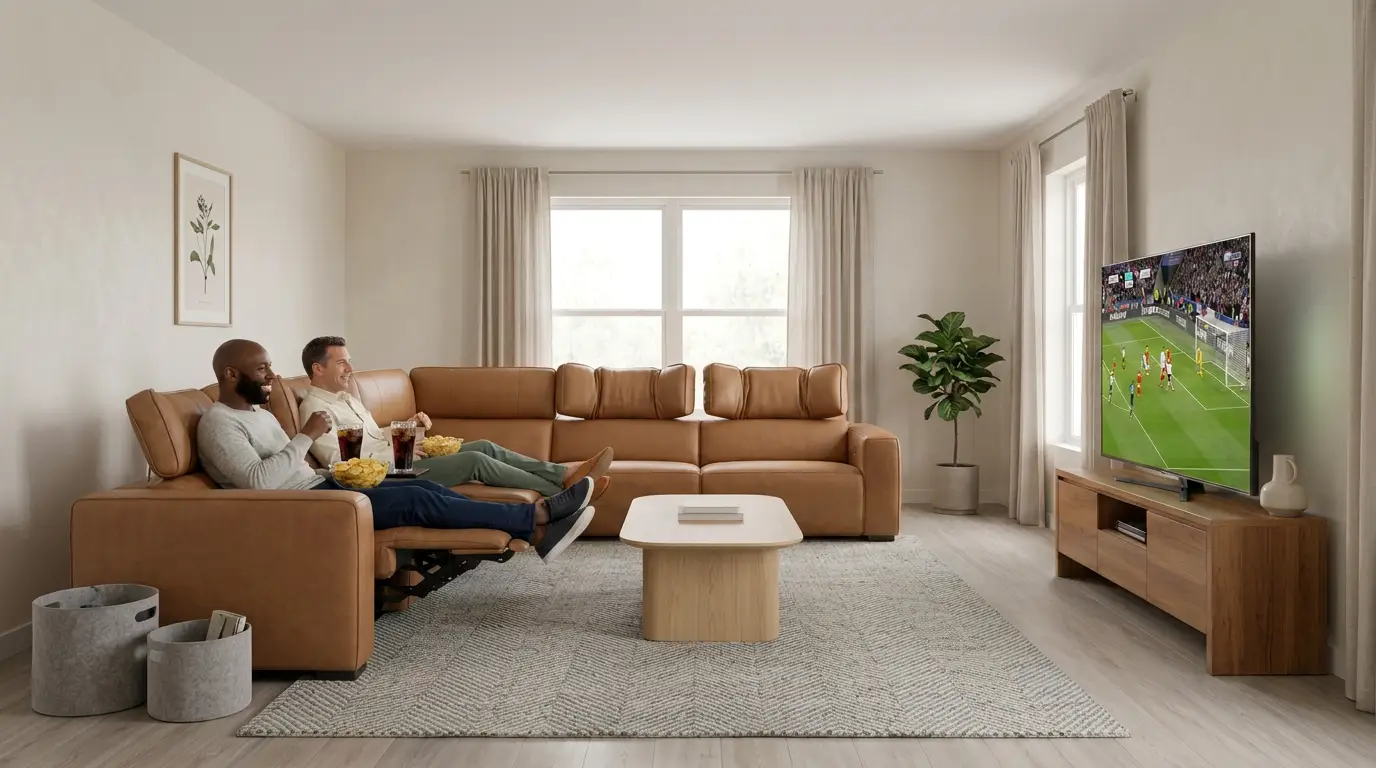 Rally Pro Caramel 6-Piece Power Reclining Sectional with Console and Immersive Sound System by Ornate Furniture