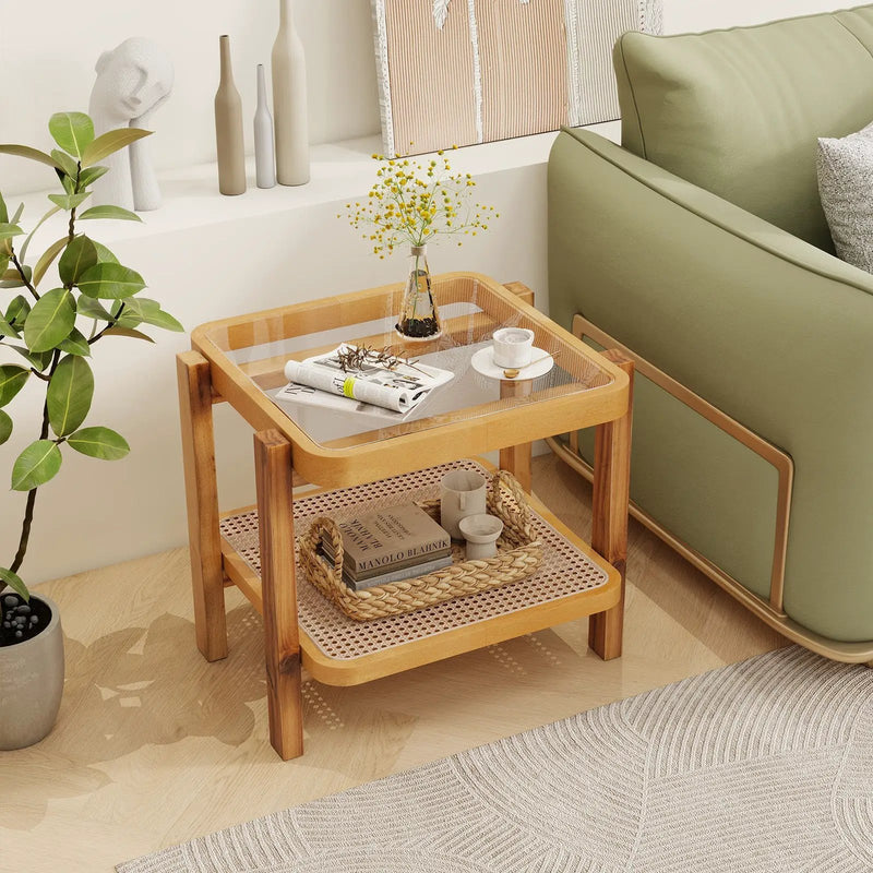 Rattan 2-Tier End Side Table with Tempered Glass Top Acacia Wood Legs-Brown by DirectDeals