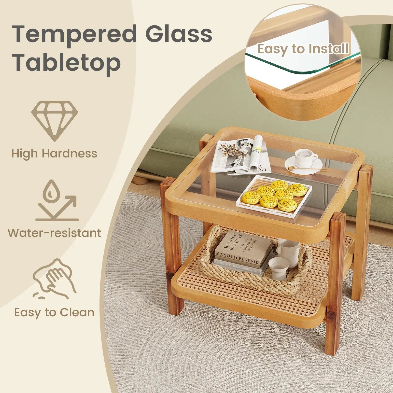 Rattan 2-Tier End Side Table with Tempered Glass Top Acacia Wood Legs-Brown by DirectDeals