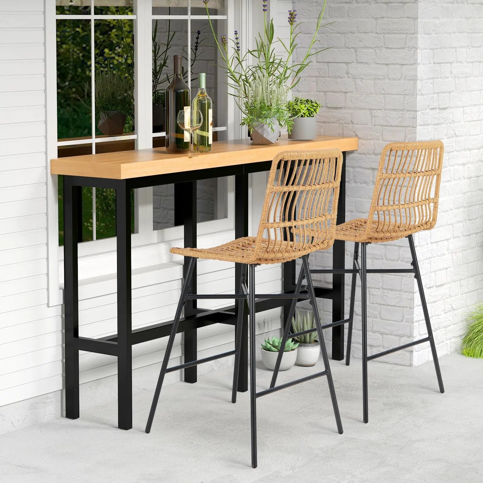 Set of 2 Rattan Bar Stools with Sturdy Metal Frame-Yellow by DirectDeals
