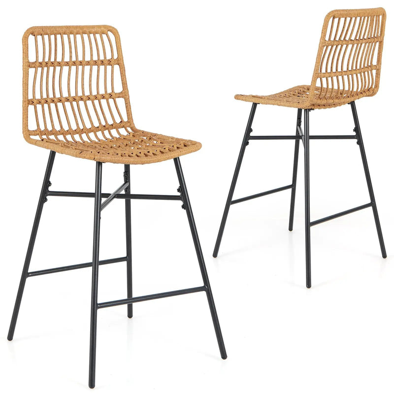 Set of 2 Rattan Bar Stools with Sturdy Metal Frame-Yellow by DirectDeals