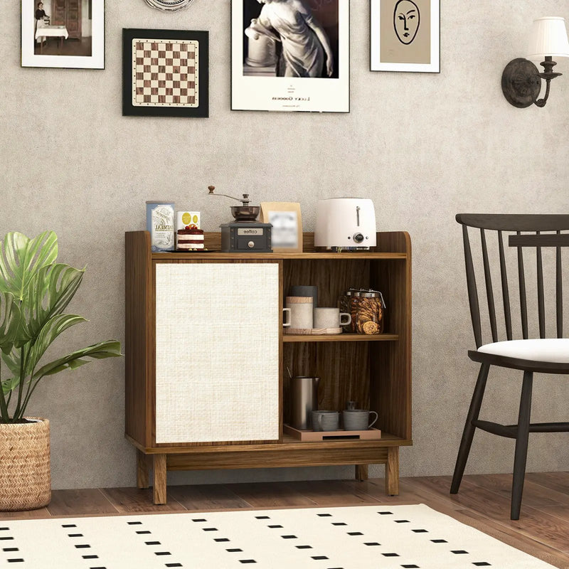 Rattan Buffet Sideboard Mid Century Floor Storage Cabinet with Sliding Door and Adjustable Shelves-Walnut by DirectDeals