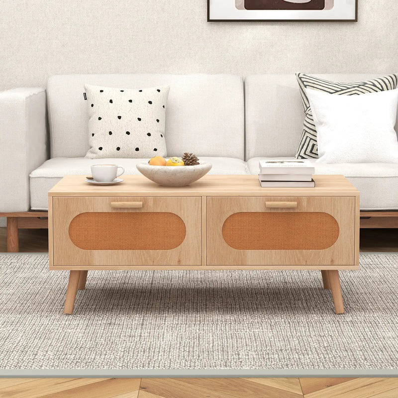 Rattan Coffee Table Mid Century Modern Center Table with 2 Storage Drawers-Natural by DirectDeals
