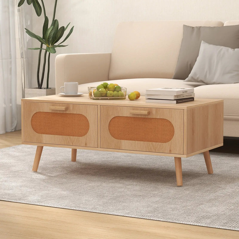 Rattan Coffee Table Mid Century Modern Center Table with 2 Storage Drawers-Natural by DirectDeals